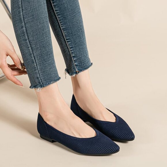 Women's Pointed Toe Knit Ballet Fashionable and Comfortable Dressy Flat Blue - Picture 5 of 6